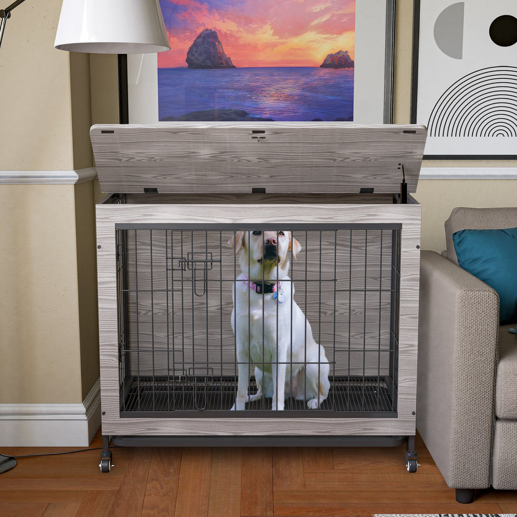 Dog Crate Furniture , 38'' Heavy Duty Wooden Dog Kennel with Double Doors & Flip-Top for Large Dogs, Furniture Style Dog Crate End Table with Wheels, Grey 38.3"L X 23.4"W X 32"H - petspots