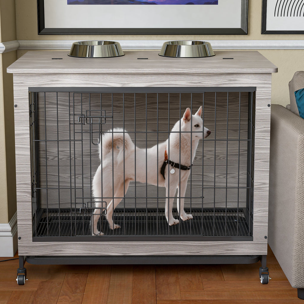 Dog Crate Furniture , 38'' Heavy Duty Wooden Dog Kennel with Double Doors & Flip-Top for Large Dogs, Furniture Style Dog Crate End Table with Wheels, Grey 38.3"L X 23.4"W X 32"H - petspots