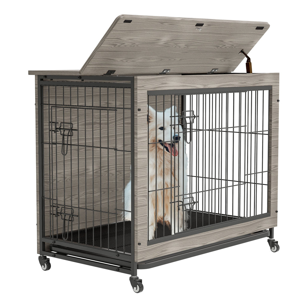 Dog Crate Furniture , 38'' Heavy Duty Wooden Dog Kennel with Double Doors & Flip-Top for Large Dogs, Furniture Style Dog Crate End Table with Wheels, Grey 38.3"L X 23.4"W X 32"H - petspots