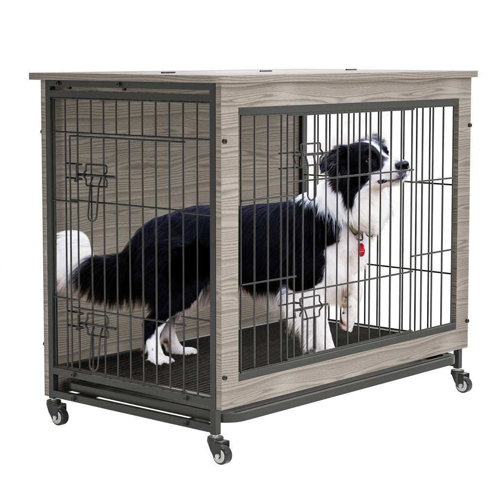 Dog Crate Furniture , 38'' Heavy Duty Wooden Dog Kennel with Double Doors & Flip-Top for Large Dogs, Furniture Style Dog Crate End Table with Wheels, Grey 38.3"L X 23.4"W X 32"H - petspots