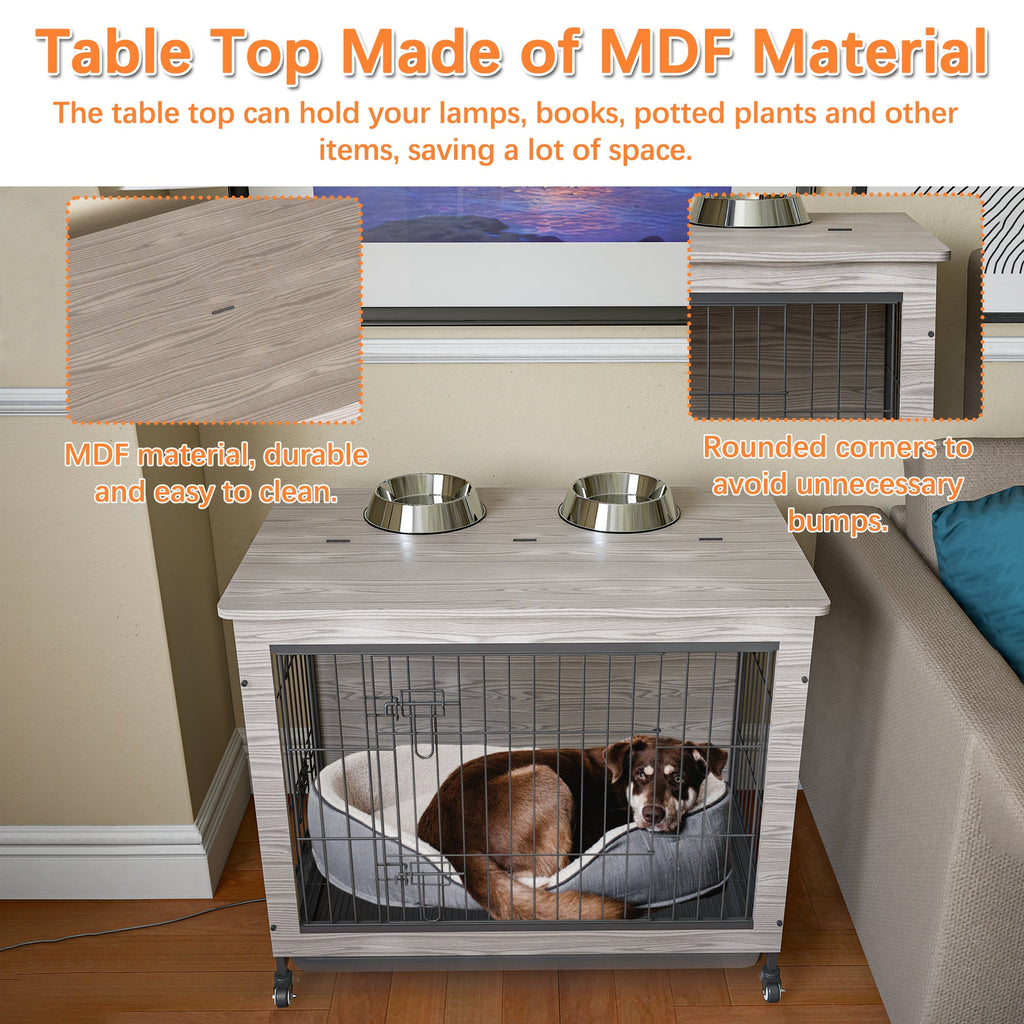 Dog Crate Furniture , 38'' Heavy Duty Wooden Dog Kennel with Double Doors & Flip-Top for Large Dogs, Furniture Style Dog Crate End Table with Wheels, Grey 38.3"L X 23.4"W X 32"H - petspots