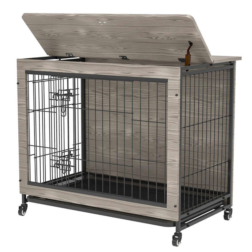 Dog Crate Furniture , 38'' Heavy Duty Wooden Dog Kennel with Double Doors & Flip-Top for Large Dogs, Furniture Style Dog Crate End Table with Wheels, Grey 38.3"L X 23.4"W X 32"H - petspots