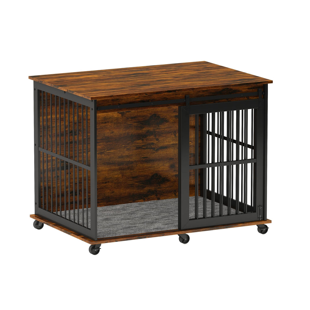 Furniture dog crate sliding iron door dog crate with mat. (Rustic Brown,43.7''W x 30''D x 33.7''H). - petspots