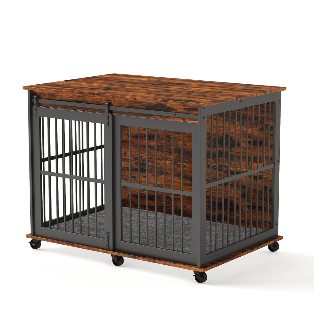 Furniture dog crate sliding iron door dog crate with mat. (Rustic Brown,43.7''W x 30''D x 33.7''H). - petspots