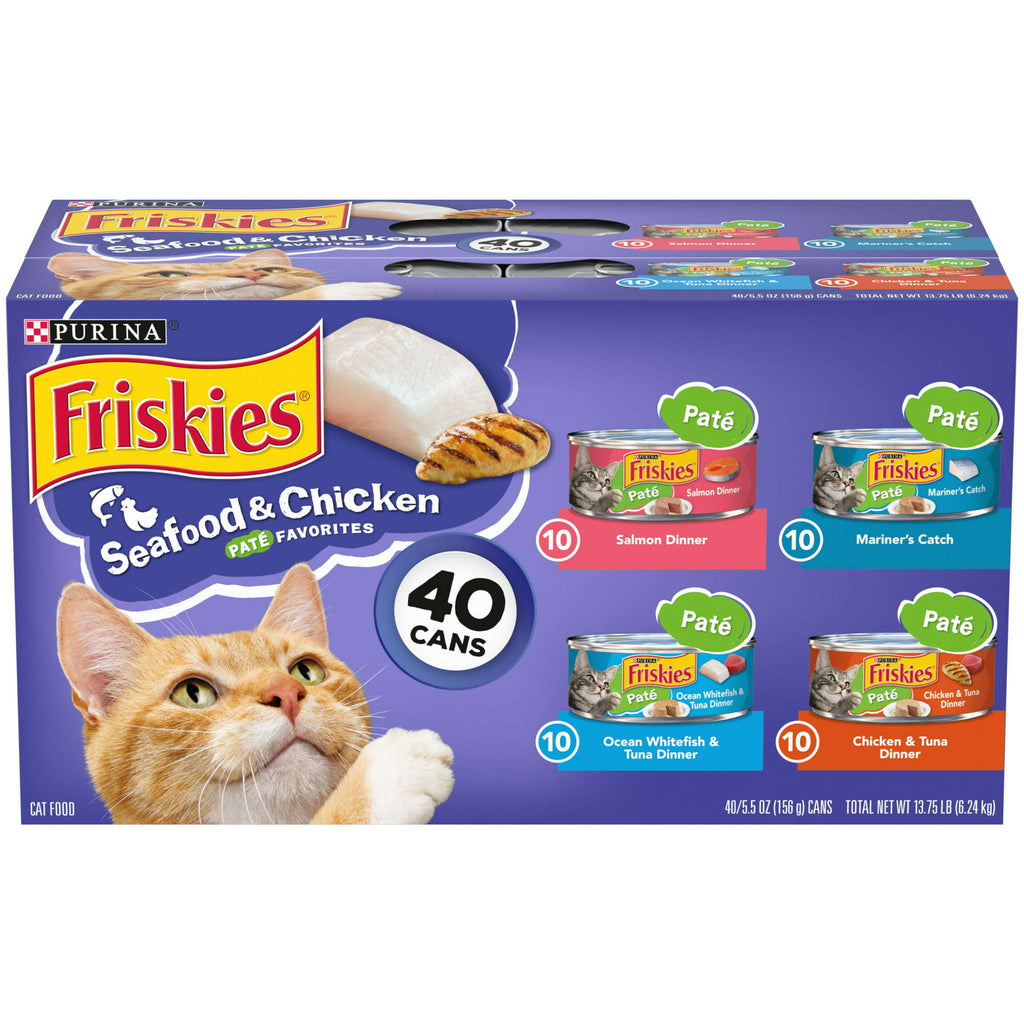 Purina Friskies Seafood and Chicken Wet Cat Food Variety Pack 5.5 oz Cans (40 Pack) - petspots