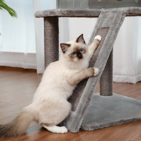 Wooden Cat Tree 4 Levels Platform for Large Cats Featuring with Fully Scratching Posts; Hammock; Padded Perch and Dangling Ball - petspots