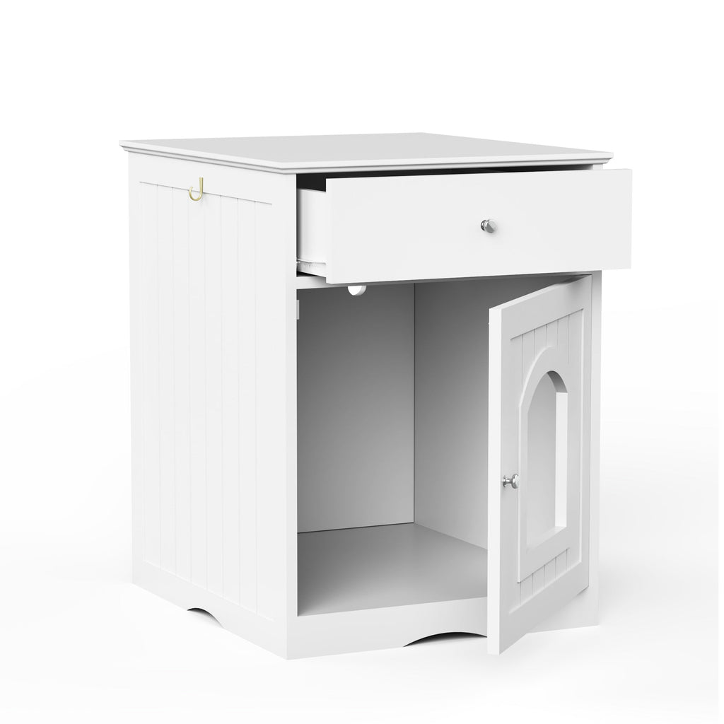 Wooden Pet House Cat Litter Box Enclosure with Drawer, Side Table, Indoor Pet Crate, Cat Home Nightstand (White) - petspots