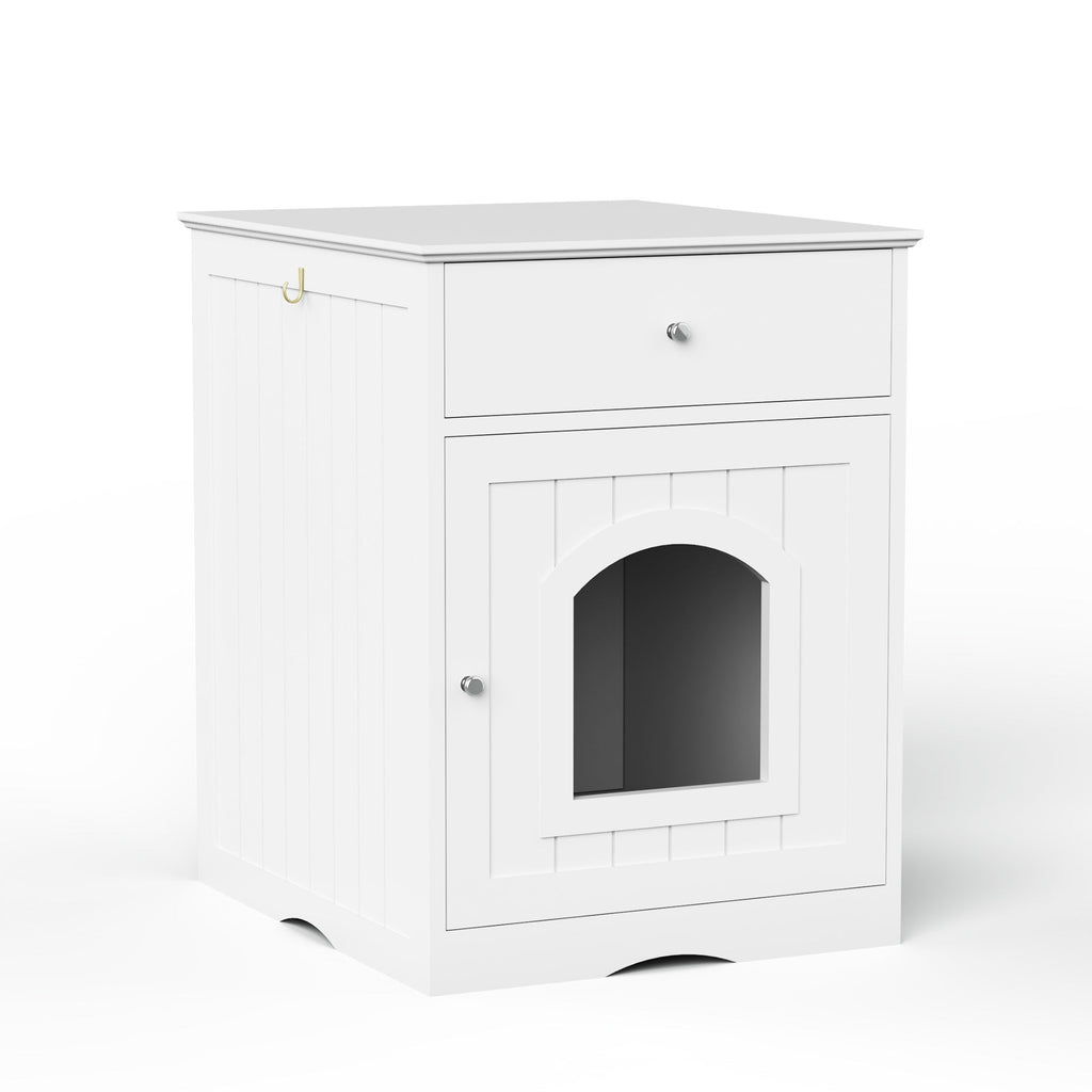 Wooden Pet House Cat Litter Box Enclosure with Drawer, Side Table, Indoor Pet Crate, Cat Home Nightstand (White) - petspots