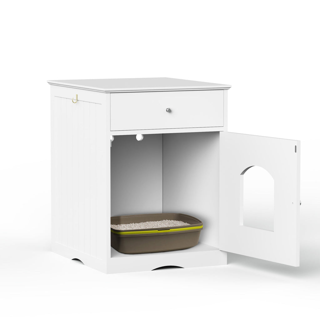 Wooden Pet House Cat Litter Box Enclosure with Drawer, Side Table, Indoor Pet Crate, Cat Home Nightstand (White) - petspots